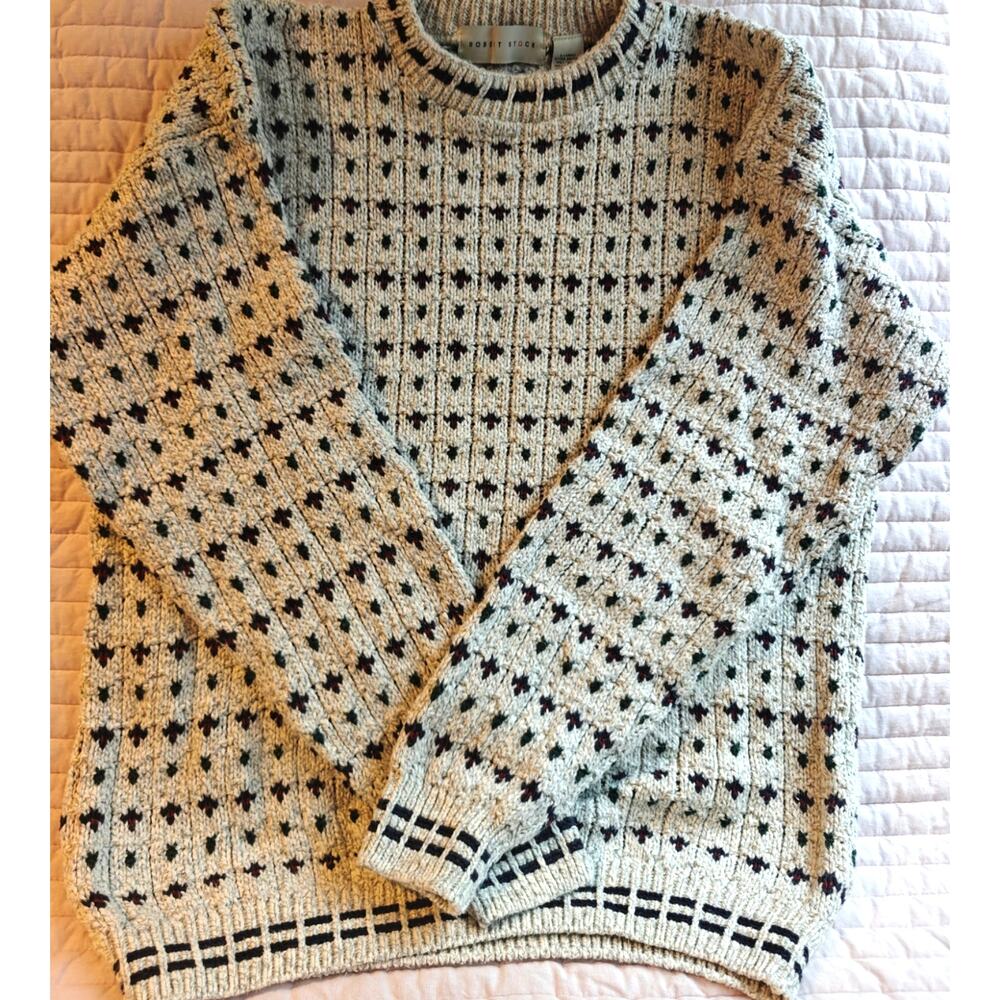 Vintage Robert Stock XL Chunky Knit Grandpa Sweater Cream Green Navy Cotton